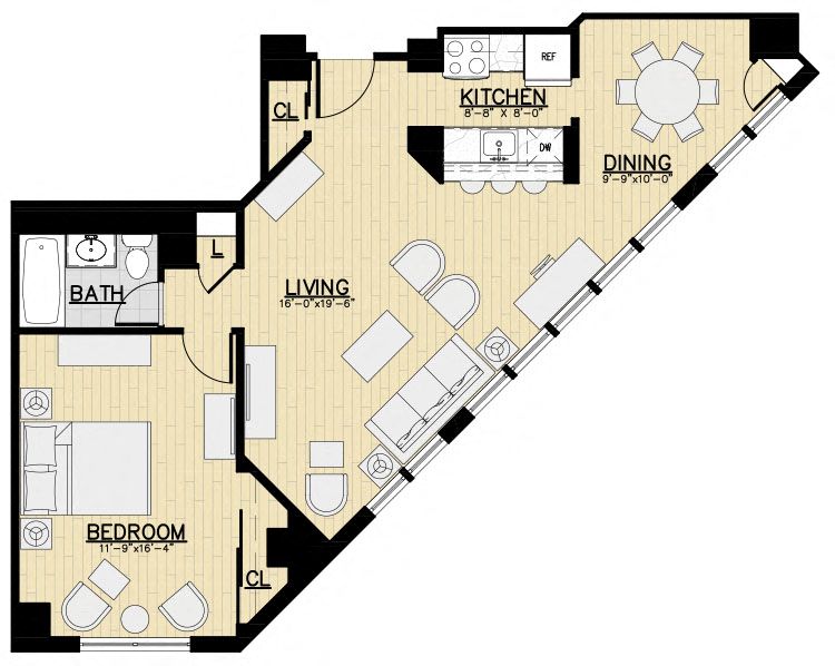 Floor plan for 1 bed, 1 bath, 841 sqft